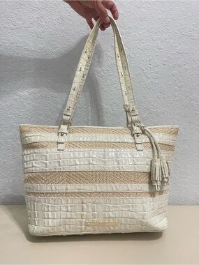 Brahmin Cream Croc-Embossed & Woven Tote Bag with Tassel